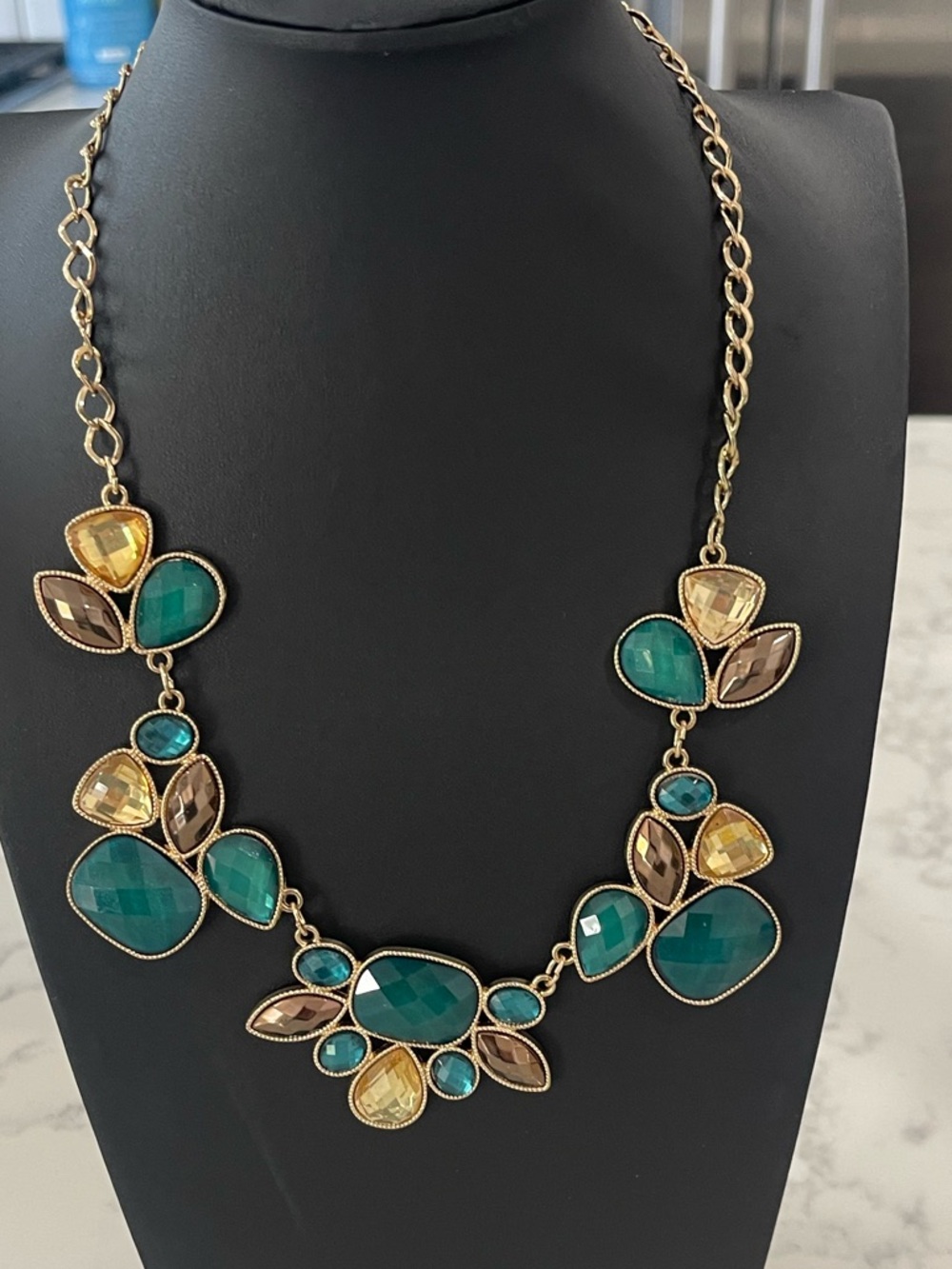 Gold-Tone Statement Necklace (and earrings) with Green and Champagne Stones